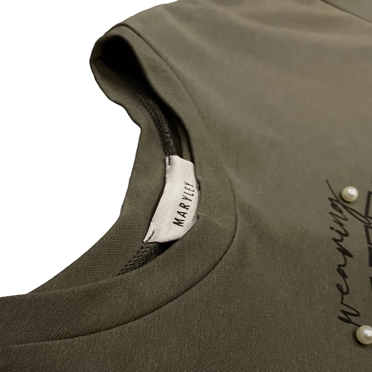 Maryley felpa manica 3/4 da donna con applicazione perle su stampa 24IB744 verde militare