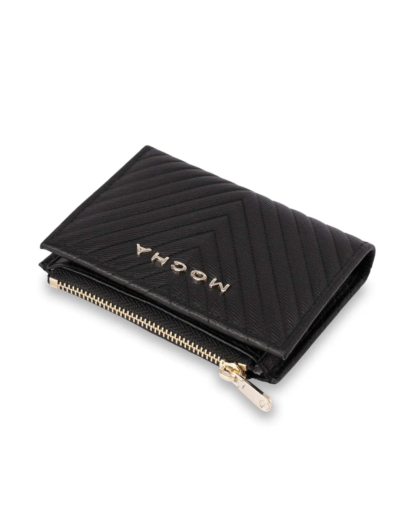 Mocha Chevron Mini Leather Wallet - Black
