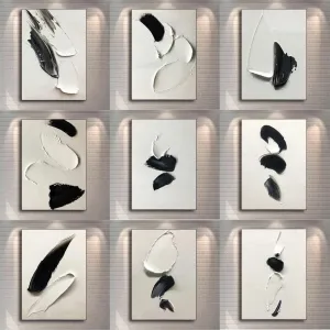 Modern Giclee Black and White Abstract Minimalist Art Canvas Prints | 3D Textured Wall Décor for Living Room