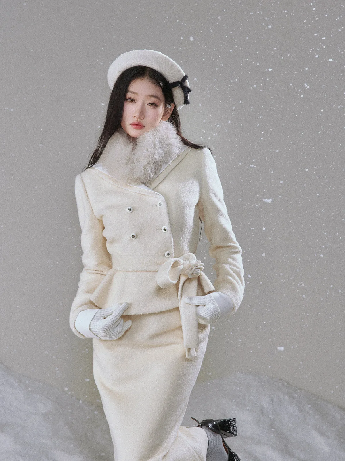 Monet Winter Snow White Beige Rose Jacket Fur Collar & Long Skirt Two Piece Set