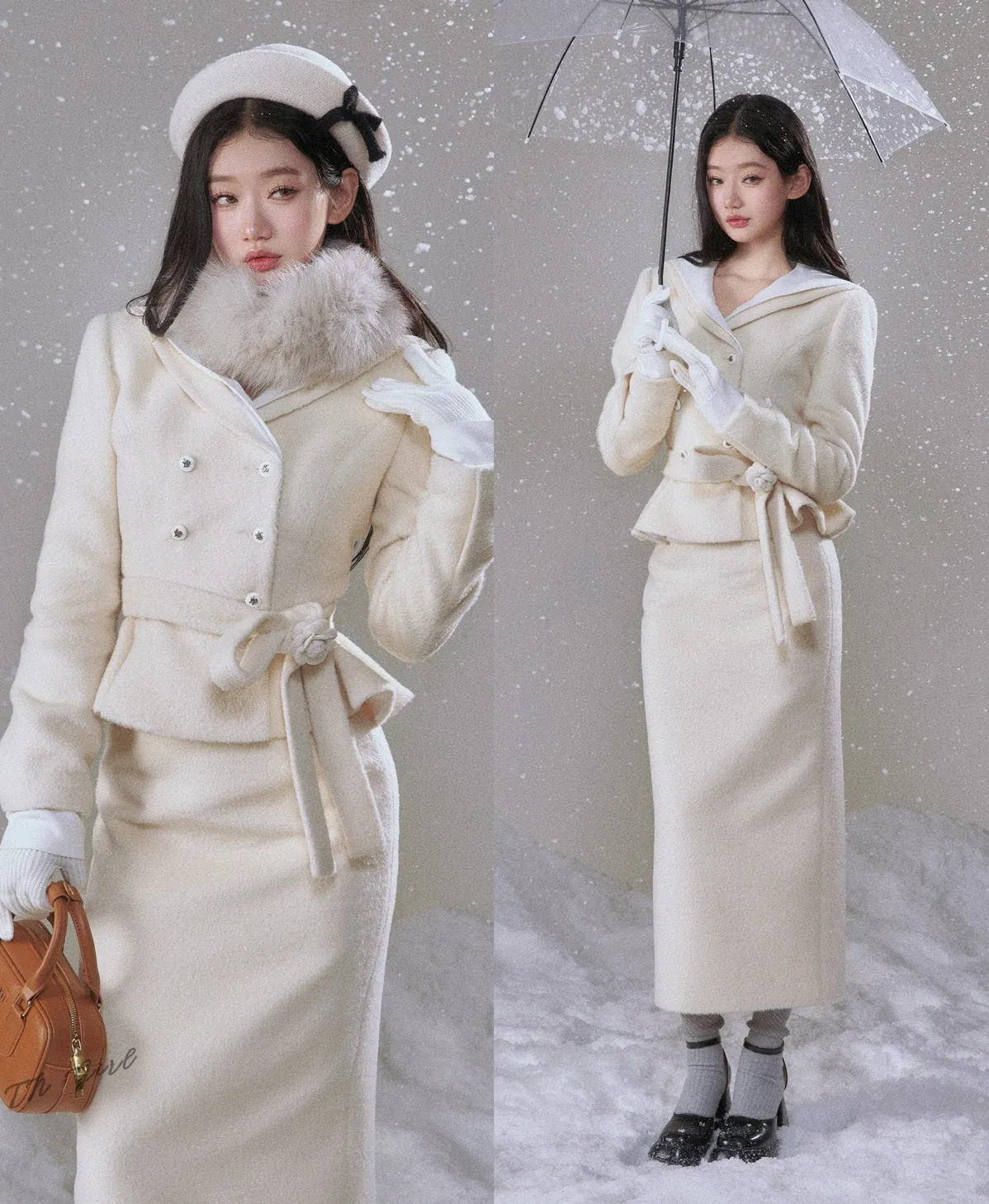 Monet Winter Snow White Beige Rose Jacket Fur Collar & Long Skirt Two Piece Set