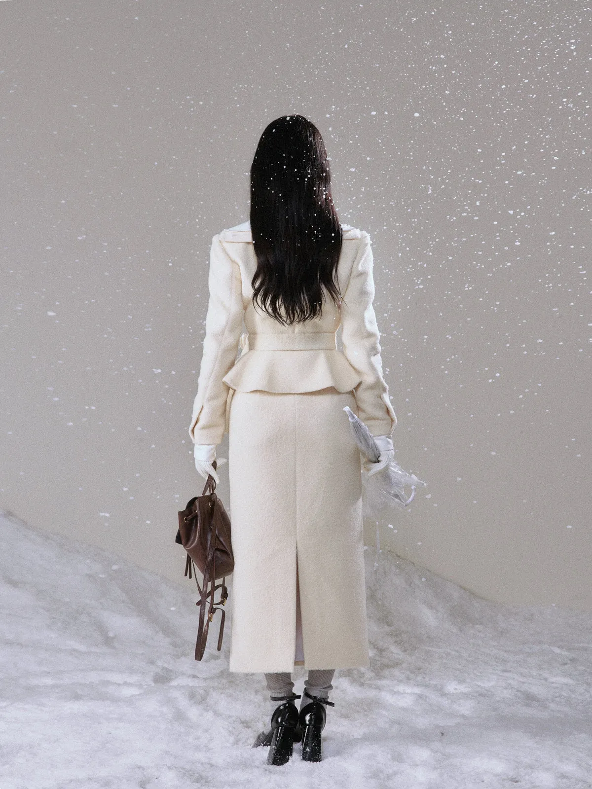 Monet Winter Snow White Beige Rose Jacket Fur Collar & Long Skirt Two Piece Set