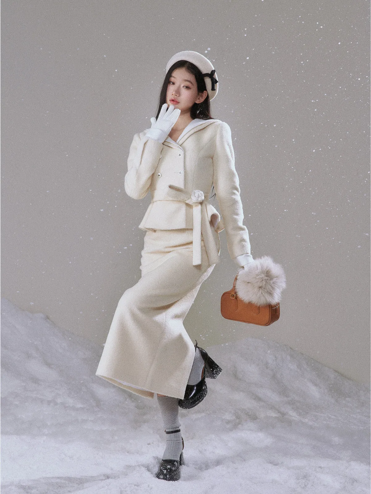 Monet Winter Snow White Beige Rose Jacket Fur Collar & Long Skirt Two Piece Set