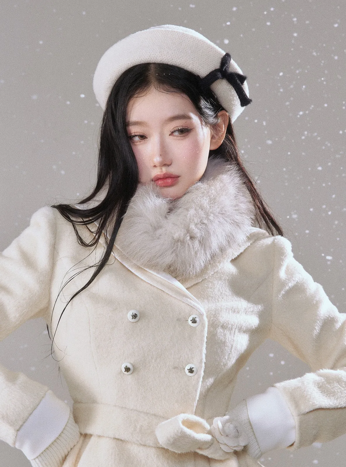 Monet Winter Snow White Beige Rose Jacket Fur Collar & Long Skirt Two Piece Set