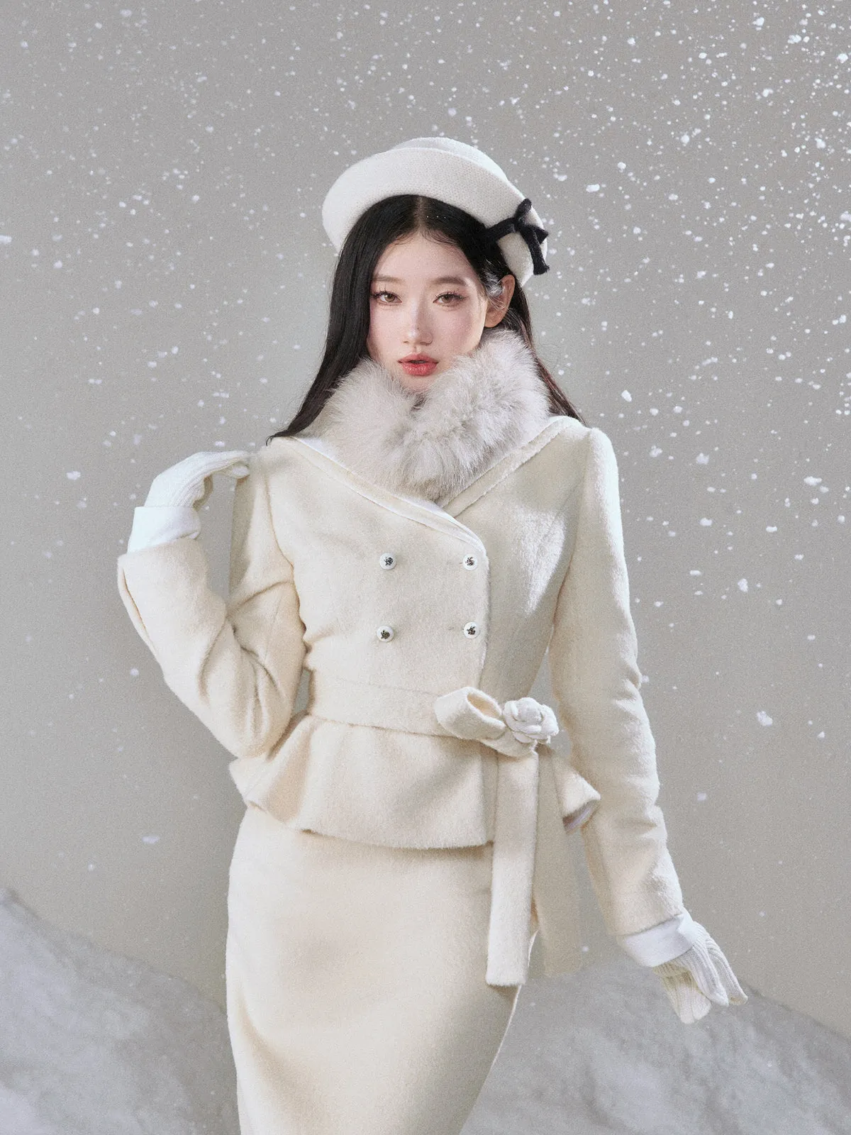 Monet Winter Snow White Beige Rose Jacket Fur Collar & Long Skirt Two Piece Set