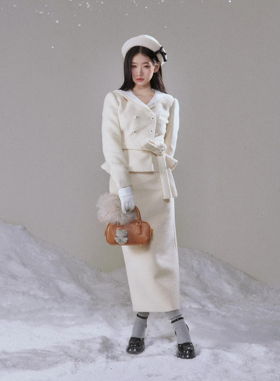 Monet Winter Snow White Beige Rose Jacket Fur Collar & Long Skirt Two Piece Set