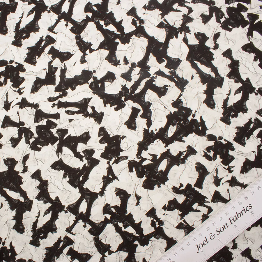 Monochrome 'Chess Pieces' Printed Silk Twill