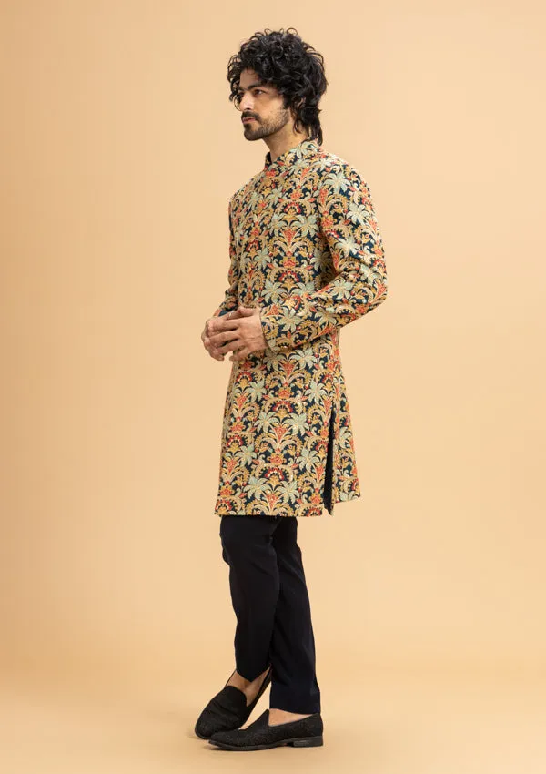 Multi-Coloured Crape Sherwani with Thread & Kasab work