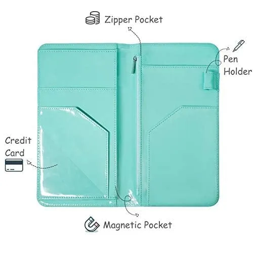 Mymazn Server Book for Waitress Wallet Magnetic with Zipper Money Pocket, 4.8x9 Waiter Guest Check Book for Restaurant Order Pad (Soft Turquoise, Patent Leather)