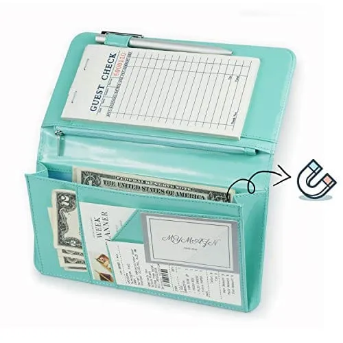 Mymazn Server Book for Waitress Wallet Magnetic with Zipper Money Pocket, 4.8x9 Waiter Guest Check Book for Restaurant Order Pad (Soft Turquoise, Patent Leather)