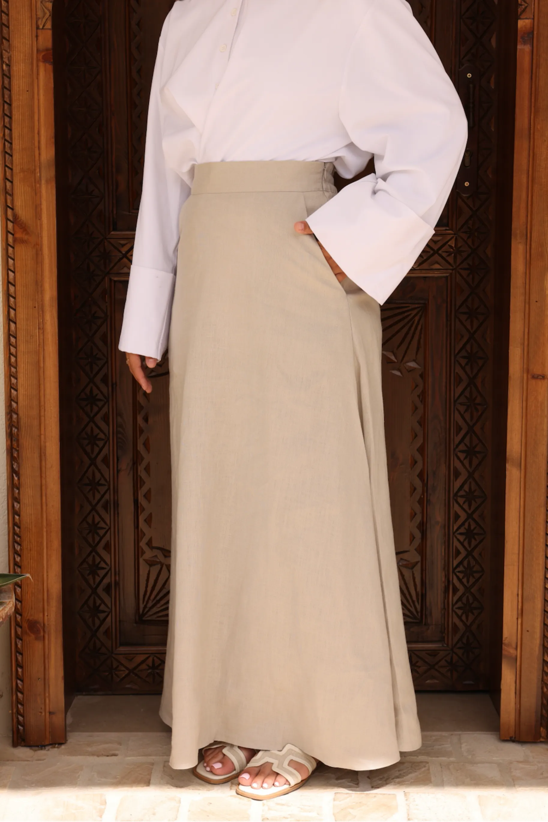 Nadira Linen A Line Skirt - Beige