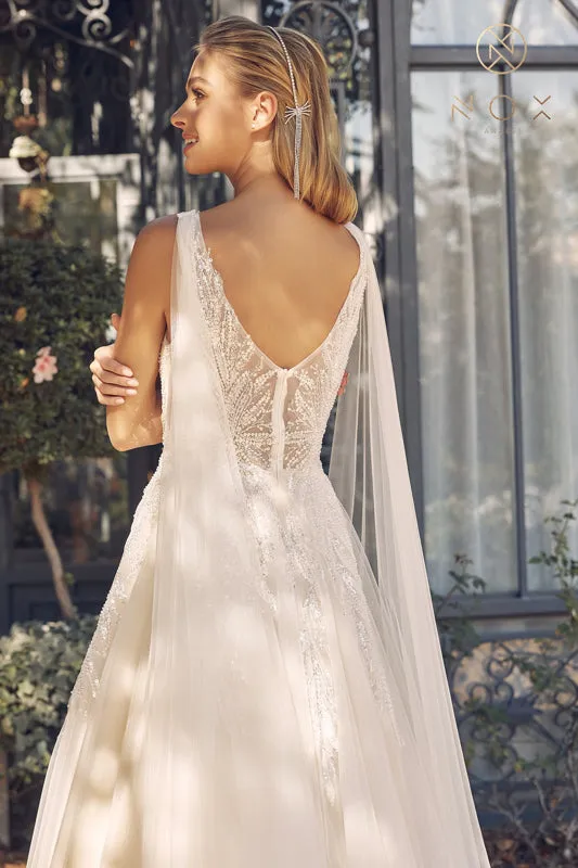 NOX ANABEL JE947 Sequin Shoulder Cape V-Neck Bridal Gown