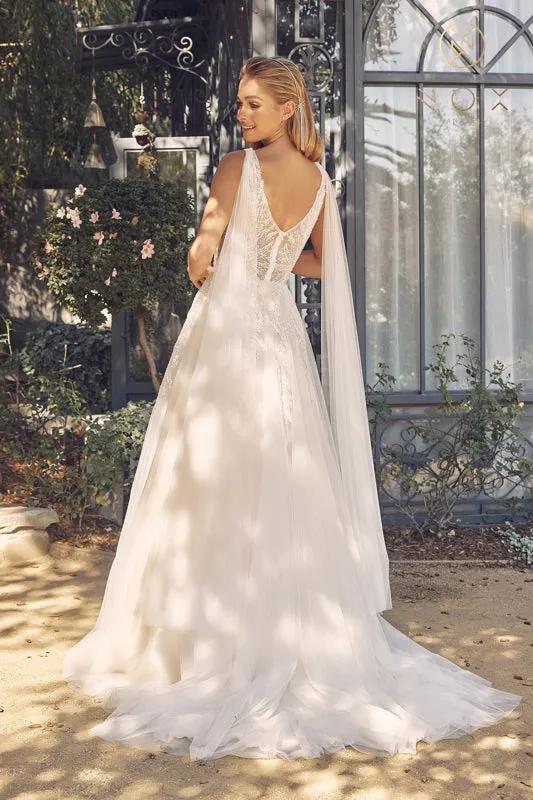 NOX ANABEL JE947 Sequin Shoulder Cape V-Neck Bridal Gown