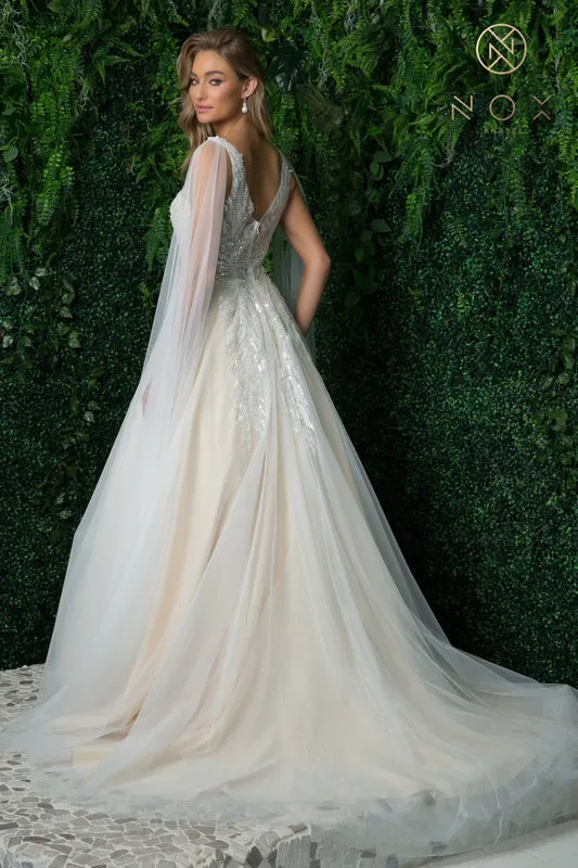 NOX ANABEL JE947 Sequin Shoulder Cape V-Neck Bridal Gown