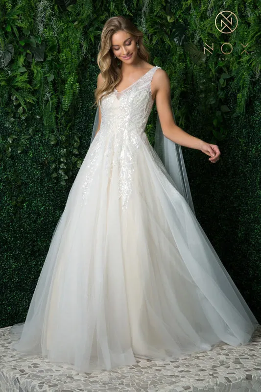 NOX ANABEL JE947 Sequin Shoulder Cape V-Neck Bridal Gown