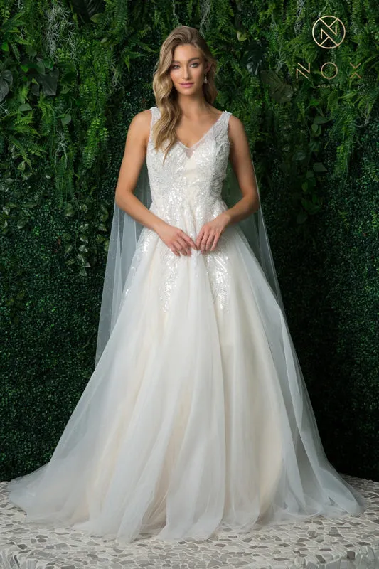 NOX ANABEL JE947 Sequin Shoulder Cape V-Neck Bridal Gown