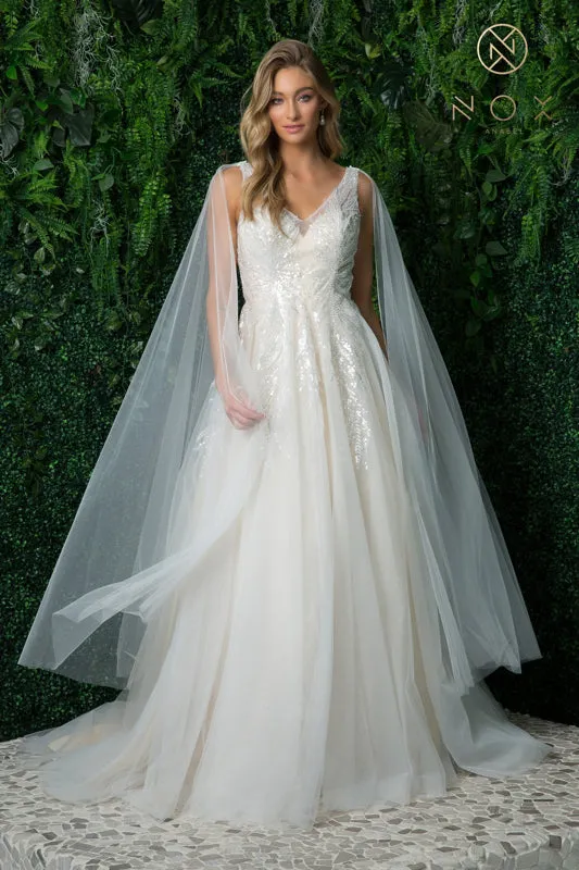 NOX ANABEL JE947 Sequin Shoulder Cape V-Neck Bridal Gown