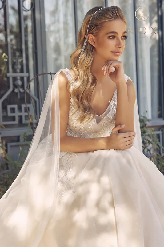 NOX ANABEL JE947 Sequin Shoulder Cape V-Neck Bridal Gown