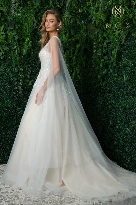 NOX ANABEL JE947 Sequin Shoulder Cape V-Neck Bridal Gown