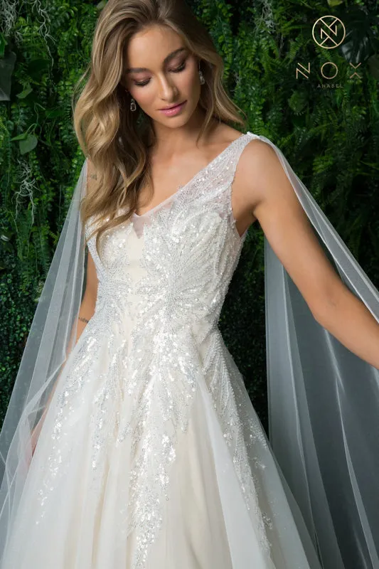NOX ANABEL JE947 Sequin Shoulder Cape V-Neck Bridal Gown