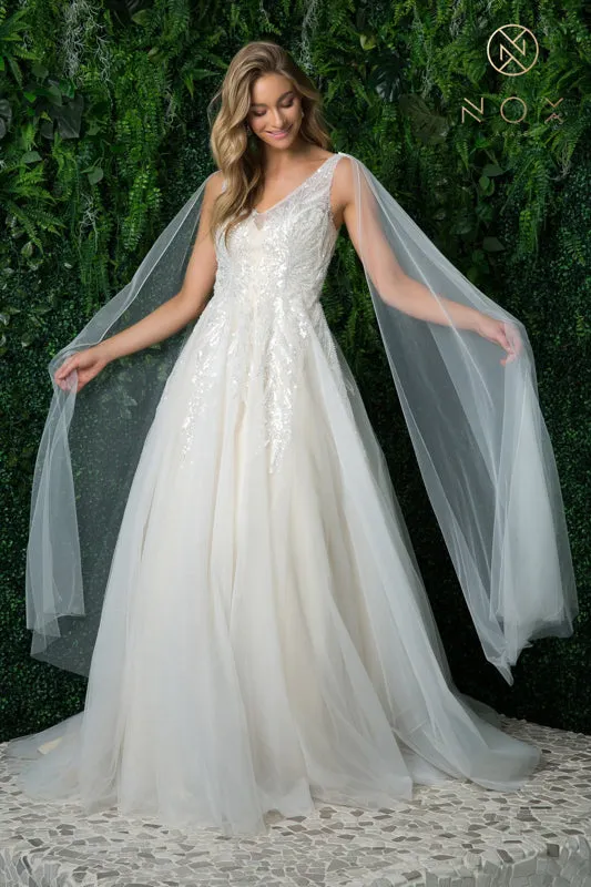 NOX ANABEL JE947 Sequin Shoulder Cape V-Neck Bridal Gown