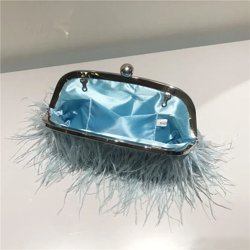 Pearl Chain Decor Evening Clutch Ostrich Feather Bag-Showtown