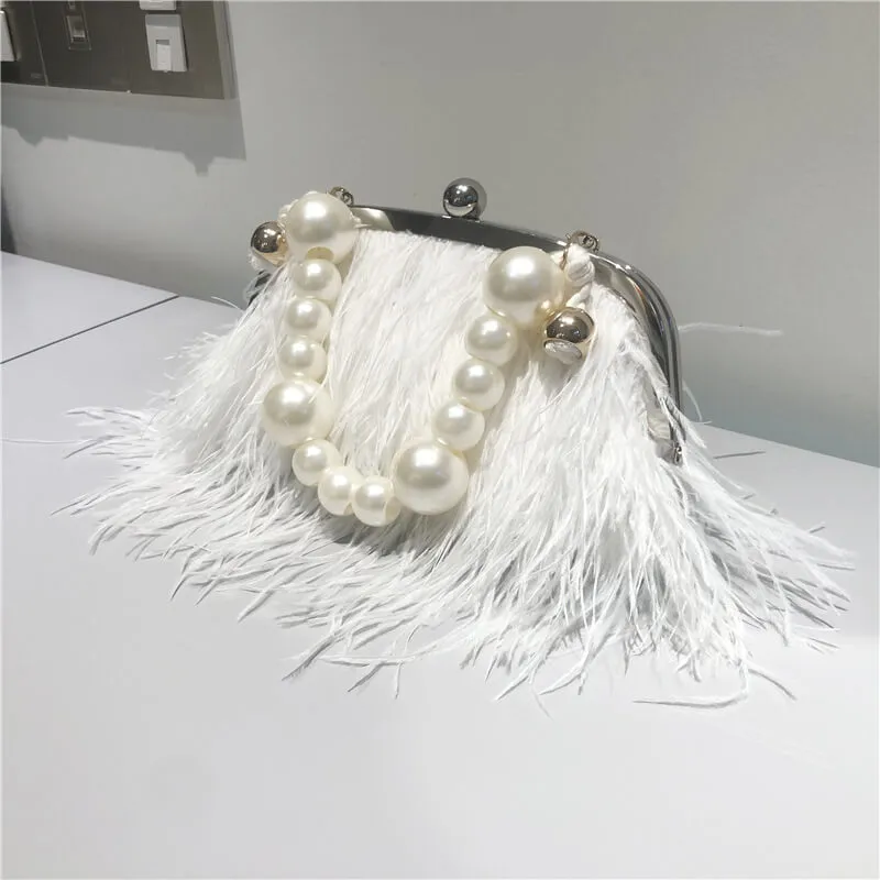 Pearl Chain Decor Evening Clutch Ostrich Feather Bag-Showtown