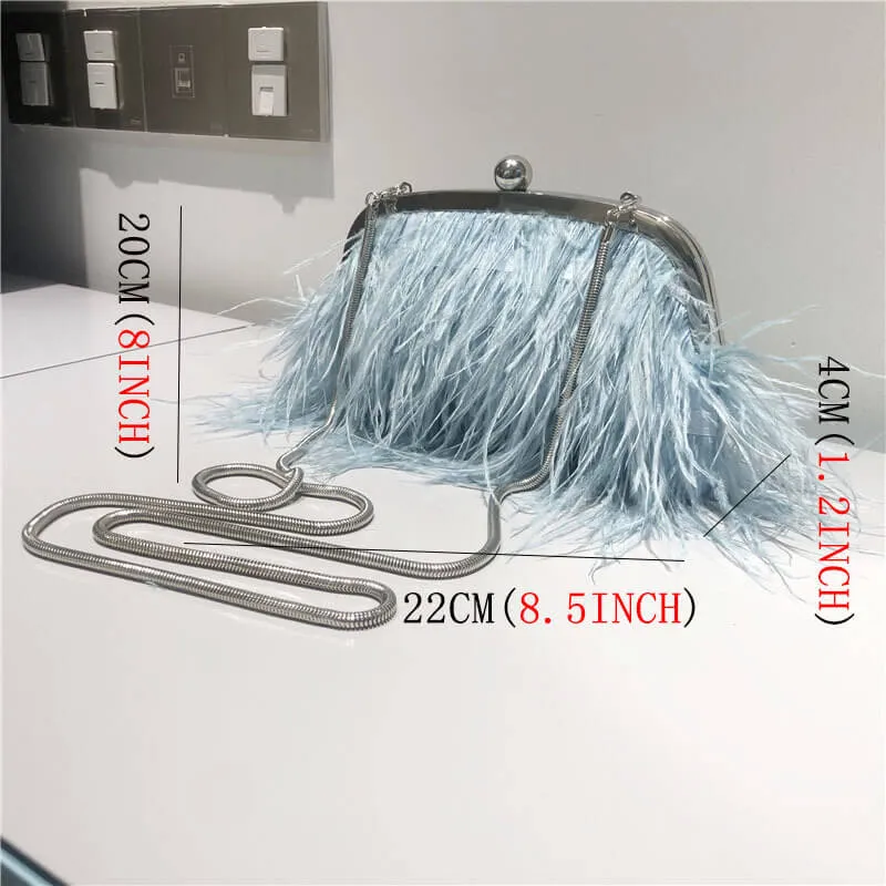 Pearl Chain Decor Evening Clutch Ostrich Feather Bag-Showtown