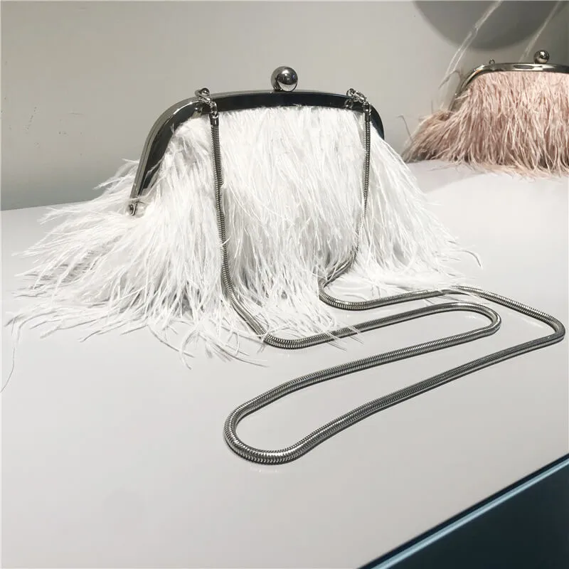 Pearl Chain Decor Evening Clutch Ostrich Feather Bag-Showtown