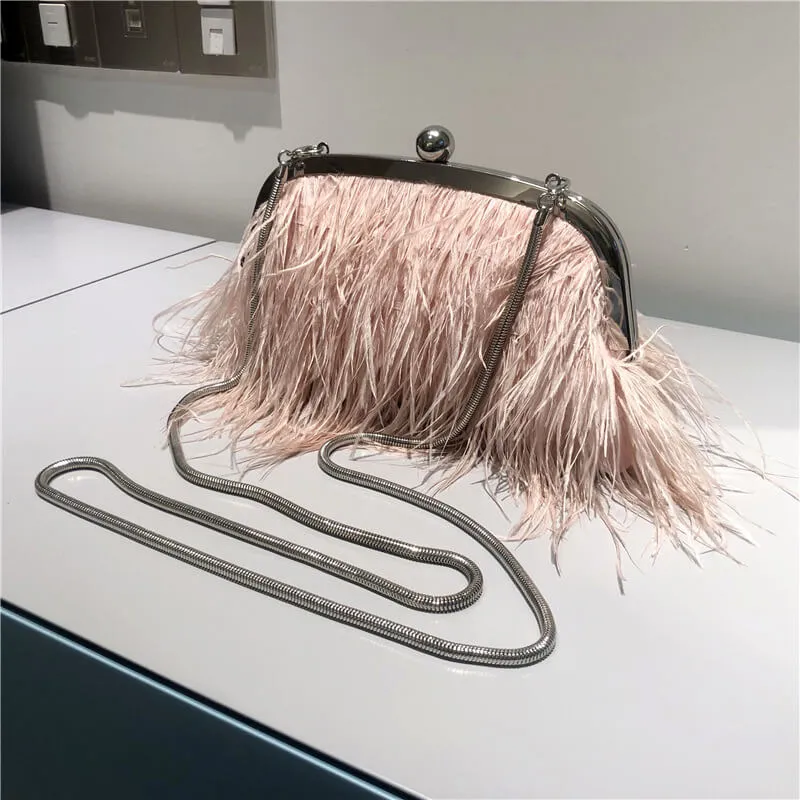 Pearl Chain Decor Evening Clutch Ostrich Feather Bag-Showtown
