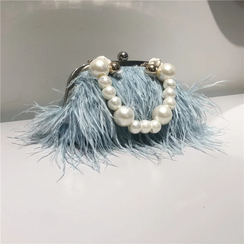 Pearl Chain Decor Evening Clutch Ostrich Feather Bag-Showtown