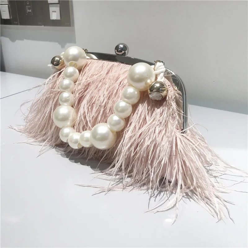 Pearl Chain Decor Evening Clutch Ostrich Feather Bag-Showtown