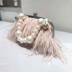 Pearl Chain Decor Evening Clutch Ostrich Feather Bag-Showtown