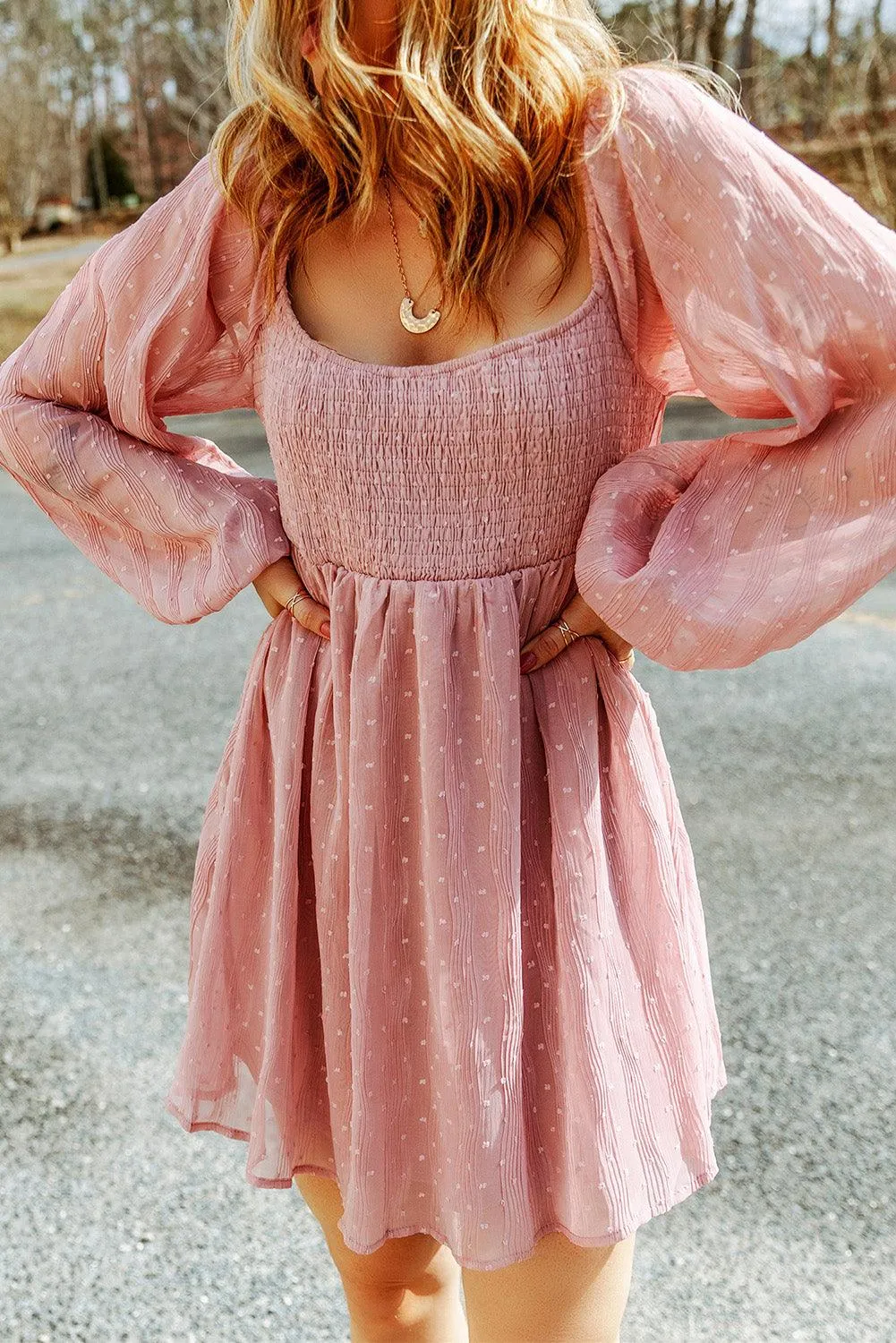 Pink Swiss Dot Smocked Puff Sleeve Mini Dress
