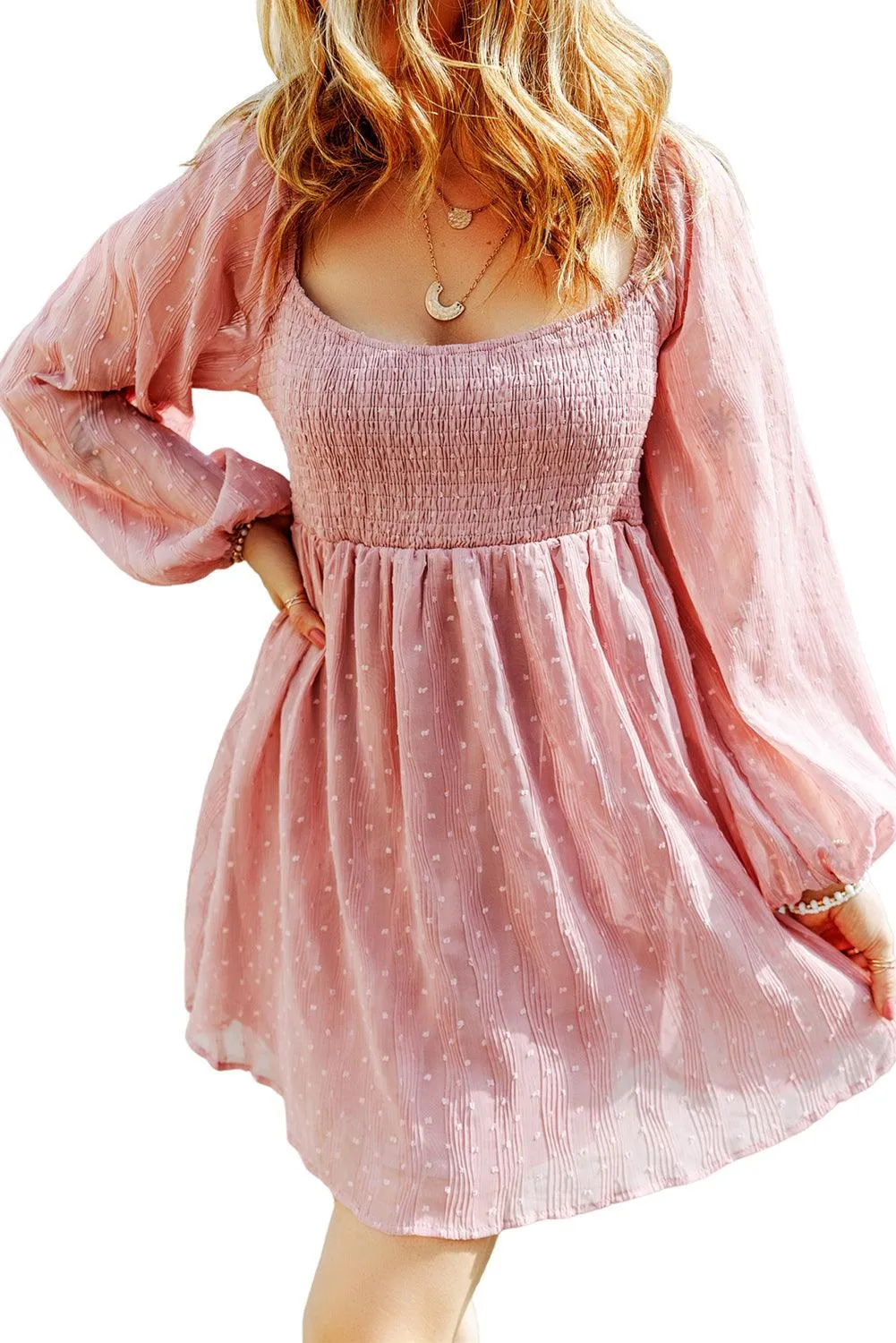 Pink Swiss Dot Smocked Puff Sleeve Mini Dress