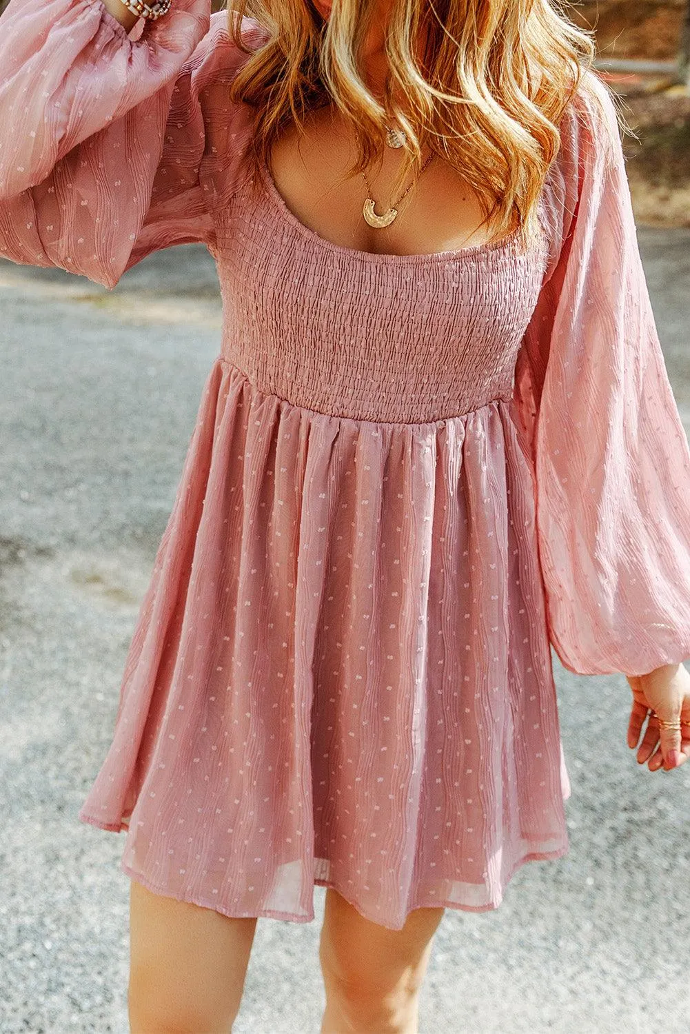 Pink Swiss Dot Smocked Puff Sleeve Mini Dress