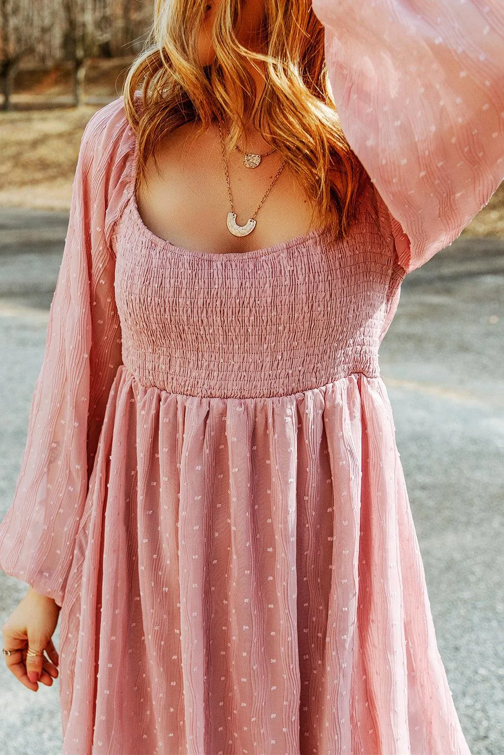 Pink Swiss Dot Smocked Puff Sleeve Mini Dress