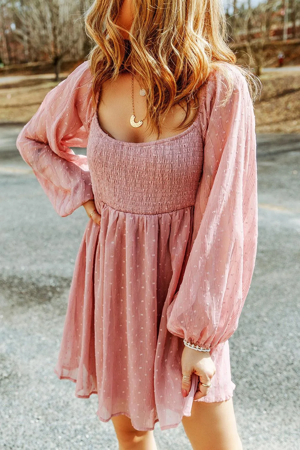 Pink Swiss Dot Smocked Puff Sleeve Mini Dress