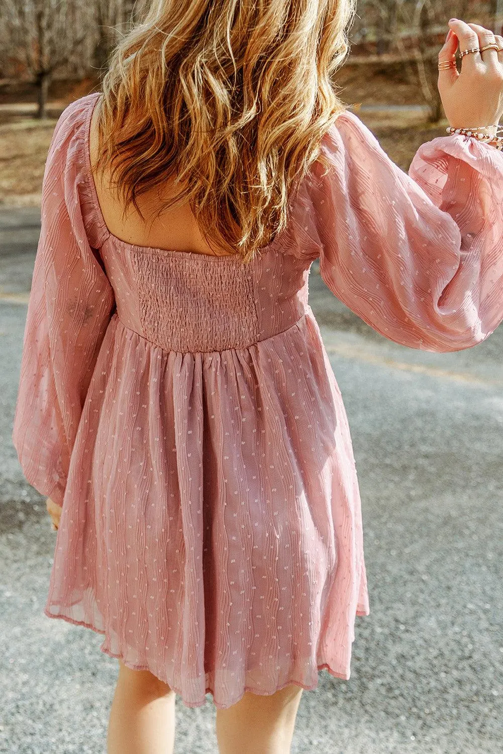 Pink Swiss Dot Smocked Puff Sleeve Mini Dress