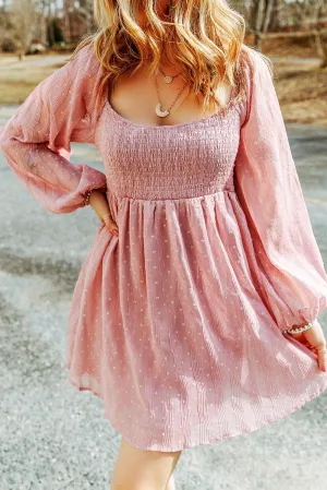 Pink Swiss Dot Smocked Puff Sleeve Mini Dress