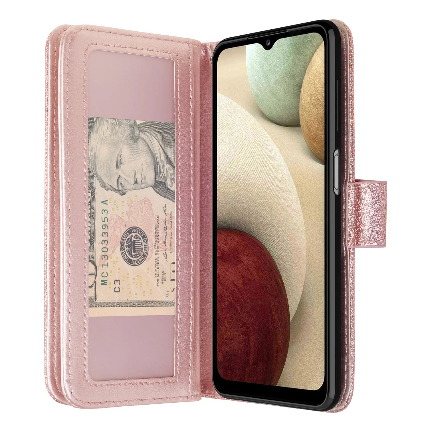 Samsung Galaxy A12 Case, Galaxy A12 Case, Glitter Faux Leather Flip Credit Card Holder Wrist Strap Shockproof Protective Wallet Case Clutch for Galaxy A12 - Rose Gold