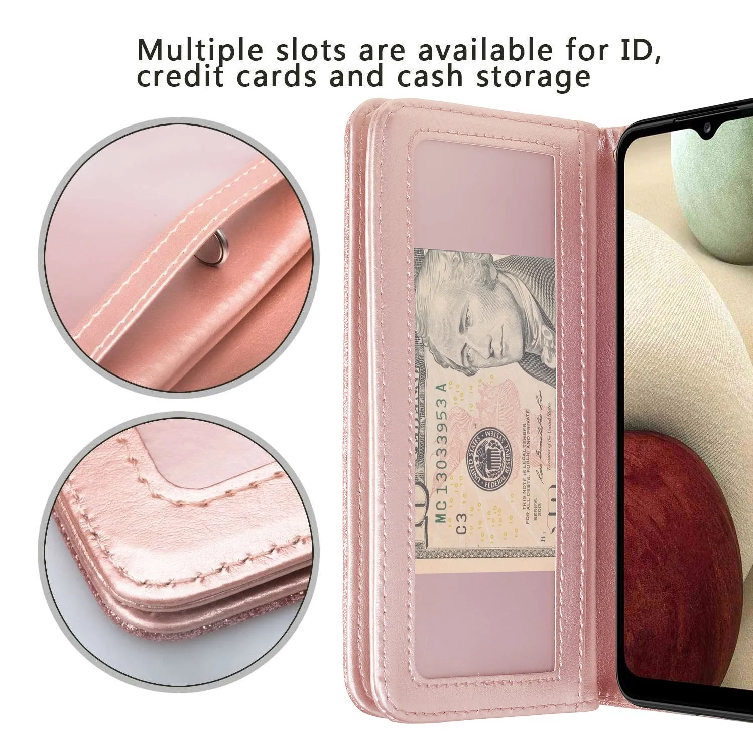 Samsung Galaxy A12 Case, Galaxy A12 Case, Glitter Faux Leather Flip Credit Card Holder Wrist Strap Shockproof Protective Wallet Case Clutch for Galaxy A12 - Rose Gold