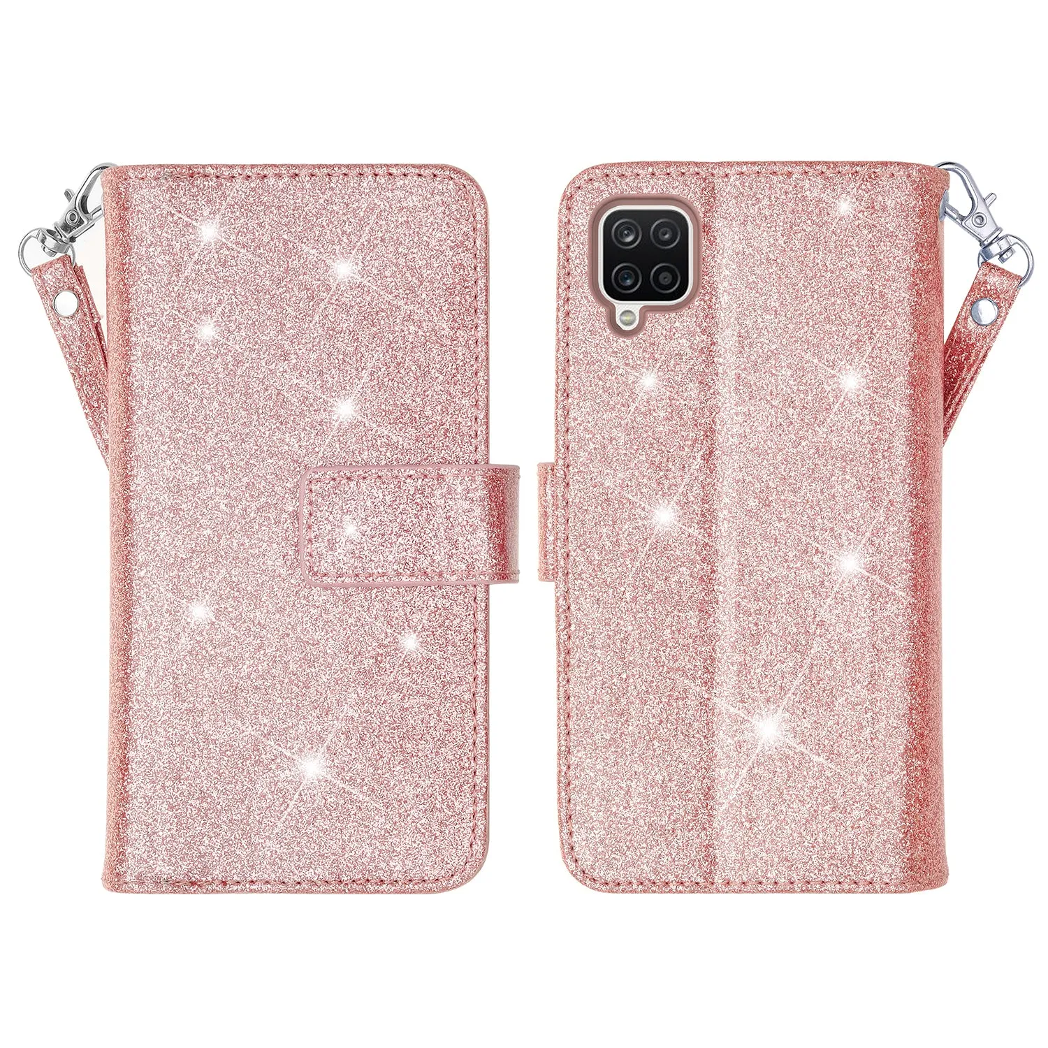 Samsung Galaxy A12 Case, Galaxy A12 Case, Glitter Faux Leather Flip Credit Card Holder Wrist Strap Shockproof Protective Wallet Case Clutch for Galaxy A12 - Rose Gold