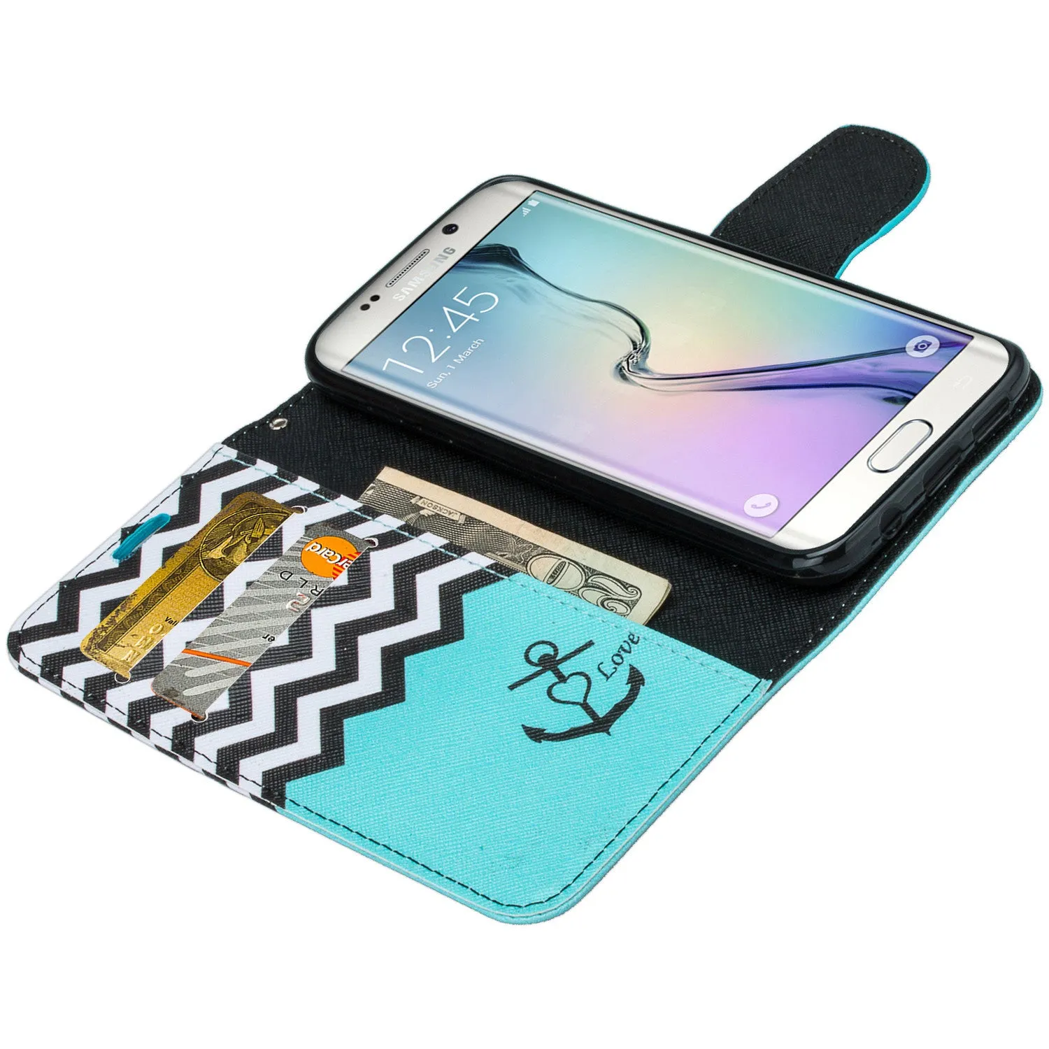 Samsung Galaxy S7 Edge Wallet Case, Wrist Strap Pu Leather Magnetic Flip Fold[Kickstand] with ID & Card Slots for Galaxy S7 Edge - Teal Anchor