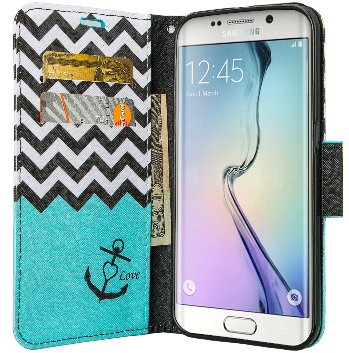 Samsung Galaxy S7 Edge Wallet Case, Wrist Strap Pu Leather Magnetic Flip Fold[Kickstand] with ID & Card Slots for Galaxy S7 Edge - Teal Anchor