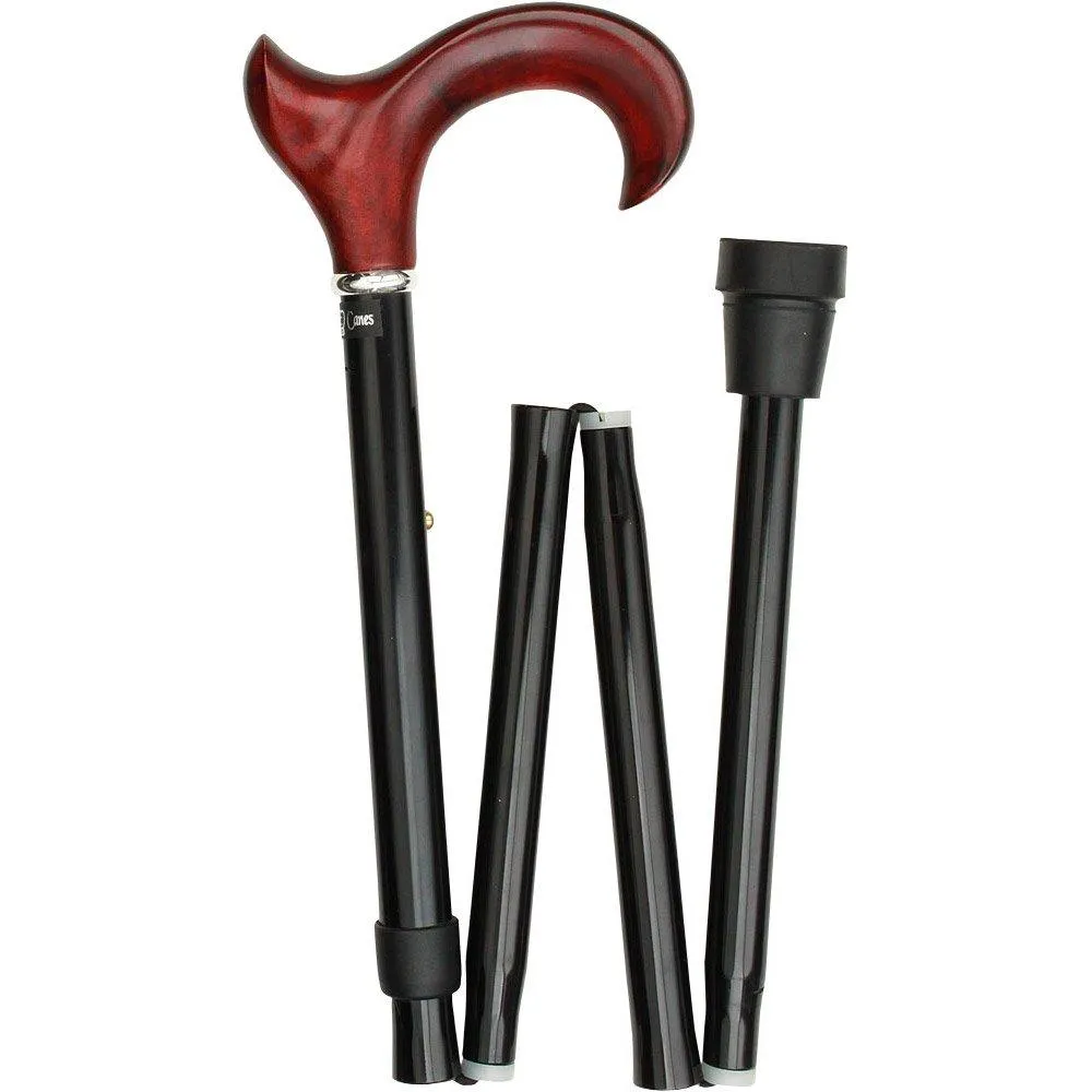 Scratch & Dent Left hand Mahogany Maple Ergonomic Walking Cane w/ Folding, Adjustable Black Aluminum Shaft and Silver Collar