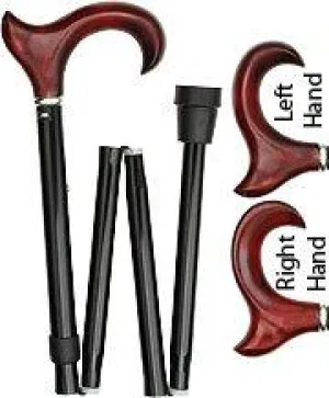 Scratch & Dent Left hand Mahogany Maple Ergonomic Walking Cane w/ Folding, Adjustable Black Aluminum Shaft and Silver Collar