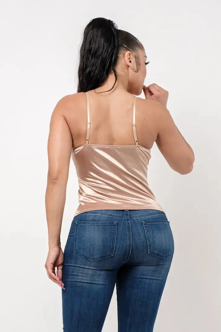 Taupe Ruched Lace Trim Front Tie Top