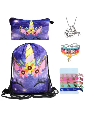 Unicorn Gifts for Girls - Unicorn Drawstring Backpack/Makeup Bag/Bracelet/Inspirational Necklace/Hair Ties (Purple Rainbow Unicorn)
