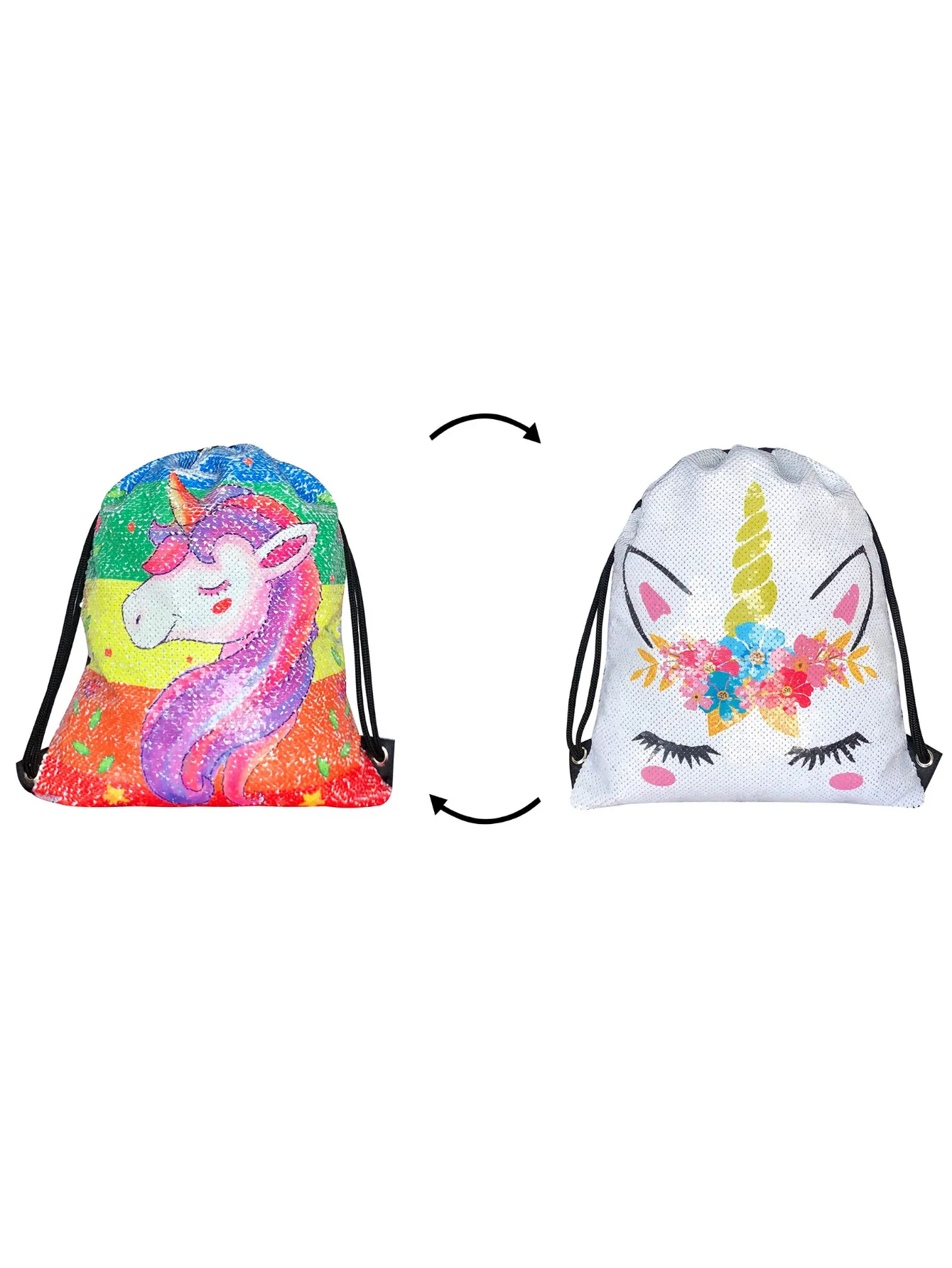 Unicorn Gifts for Girls - Unicorn Drawstring Backpack/Makeup Bag/Bracelet/Necklace/Hair Ties/Keychain/Sticker (Sequin Head-Flower 3)